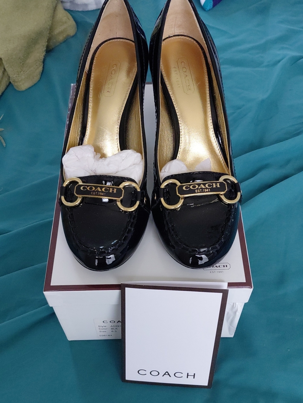 Coach Black Patent Leather Heeled Loafers with Gold Logo Accent